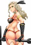  1girl amazon_(dragon&#039;s_crown) armlet artist_request ass axe bare_shoulders between_legs bikini bikini_armor blush breasts dragon&#039;s_crown feathers from_behind gloves green_eyes hair_feathers holding_weapon huge_ass large_breasts long_hair looking_back looking_down open_mouth platinum_blonde pussy_juice shiny shiny_hair sideboob solo sweat thong thong_bikini weapon 