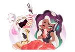  1ko404 2girls :d blush cephalopod_eyes chopsticks commentary crop_top crown dark_skin domino_mask eating fang fingerless_gloves food food_on_face gloves green_eyes headphones hime_(splatoon) holding holding_chopsticks iida_(splatoon) mask mole mole_under_mouth multiple_girls octarian octopus one_eye_closed open_mouth purple_hair rice rice_on_face simple_background sleeveless smile splatoon_(series) splatoon_2 sushi symbol-shaped_pupils teeth tentacles tongue tongue_out twitter_username white_background white_hair yellow_eyes zipper 