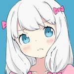  &gt;:( bangs blue_background blush bow closed_mouth collarbone eromanga_sensei eyebrows_visible_through_hair frown hair_bow izumi_sagiri long_hair looking_at_viewer pajamas portrait simple_background solo suzuki_moeko tareme upper_body v-shaped_eyebrows white_hair 