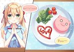  :q anzu_(sumisaki_yuzuna) bangs blonde_hair blush breasts bun_cover buttons chopsticks double_bun english eyebrows_visible_through_hair green_eyes hair_between_eyes hair_ribbon heart holding holding_chopsticks lettuce long_hair looking_at_viewer medium_breasts original own_hands_together pig plate ribbon shirt sleeveless smile solo sparkle speech_bubble sumisaki_yuzuna sweat tomato tongue tongue_out triangle twintails upper_body 