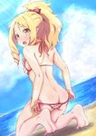  ass barefoot beach bikini bikini_pull blonde_hair blue_sky blush breasts cloud commentary_request day eromanga_sensei from_behind halter_top halterneck kneeling long_hair noa_p open_mouth outdoors pointy_ears ponytail pulled_by_self red_bikini red_eyes side-tie_bikini sky small_breasts solo string_bikini striped striped_bikini sweat swimsuit water yamada_elf 