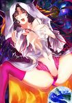  1girl absurdres artist_request ass black_hair breast_grab breasts demon demon_girl earth fate/extra fate/extra_ccc fate/grand_order fate_(series) forehead_mark horns large_breasts long_hair navel open_mouth planets presenting reaching_out revealing_clothes self_fondle sesshouin_kiara slit_pupils solo space thighhighs thighs tongue_out waifu2x yellow_eyes 