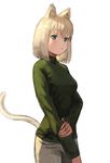  animal_ears bad_id bad_pixiv_id blonde_hair blue_eyes breasts cat_ears cat_girl cat_tail cowboy_shot from_side green_sweater hand_on_own_arm holding_arm looking_at_viewer medium_breasts original short_hair simple_background solo sweater tail wasabi60 white_background 