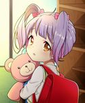  backpack bag blush bookshelf brown_eyes commentary_request evening from_behind hair_ribbon indoors kumamakura_kurumi long_hair looking_at_viewer looking_back musaigen_no_phantom_world open_mouth purple_hair randoseru ribbon school_uniform solo stuffed_animal stuffed_toy suzuki_moeko teddy_bear twintails 