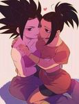  2girls black_eyes black_hair caulifla dragon_ball_super heart hugging kale_(dragon_ball) red_lipstick spiky_hair tied_hair together 