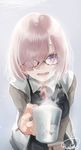  bent_over blurry coffee_mug cup depth_of_field drink fate/grand_order fate_(series) foreshortening glasses hair_over_one_eye highres leaning_forward looking_at_viewer mash_kyrielight md5_mismatch mizutame_tori mug necktie open_mouth pink_hair purple_eyes reaching_out short_hair signature smile solo steam teeth 