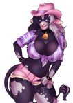  anthro big_breasts bovine breasts cattle cleavage clothed clothing collar cowbell cowboy_hat female hat mammal porin smile solo standing thick_thighs 