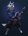  2017 anthro armello canine clothed clothing electric_guitar fingerless_gloves gloves guitar jewelry male mammal musical_instrument necklace purpleground02 solo thane_(armello) wolf 