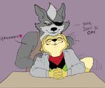  &lt;3 anthro black_nose blush canine clothed clothing cuddling cute dialogue digital_media_(artwork) duo embrace english_text eye_patch eyes_closed eyewear fox fox_mccloud fredryk_phox fur grey_fur hand_on_shoulder hug male male/male mammal nintendo no_homo open_mouth petting simple_background sitting smile star_fox tailwag text tongue tongue_out video_games white_fur wolf wolf_o&#039;donnell 