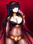  1girl bodystocking breasts cape cleavage fire_emblem fire_emblem:_kakusei large_breasts long_hair navel purple_hair red_eyes solo tharja twintails 