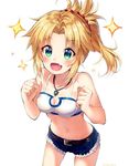  :d artist_name bare_shoulders belt blonde_hair blush clenched_hands excited eyebrows_visible_through_hair fang fate/apocrypha fate/grand_order fate_(series) green_eyes highres long_hair looking_at_viewer midriff mordred_(fate) mordred_(fate)_(all) navel nonono open_mouth ponytail short_shorts shorts smile solo sparkle 