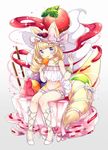  animal_ears bangs blonde_hair blue_eyes blush commentary_request dress eating eyebrows_visible_through_hair food fox_ears fox_tail frills fruit full_body hands_up hat heart high_heels highres holding holding_food long_hair looking_at_viewer original oversized_object parfait pigeon-toed pink_dress pocky popsicle ringlets shoes short_dress sitting solo strapless strapless_dress strawberry strawberry_syrup sun_hat suzuki_moeko syrup tail tareme tongue tongue_out tube_dress whipped_cream white_footwear white_hat 