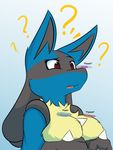  2017 ? anthro big_breasts black_fur blue_fur breasts bust_portrait canine eyebrows facial_markings female fur infinitedge2u lucario mammal markings multicolored_fur nintendo onomatopoeia open_mouth pok&eacute;mon portrait raised_eyebrow red_eyes simple_background snout sound_effects text video_games yellow_fur 