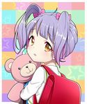  backpack bag blush brown_eyes checkered checkered_background commentary_request from_behind hair_ribbon kumamakura_kurumi long_hair looking_at_viewer looking_back musaigen_no_phantom_world open_mouth purple_hair randoseru ribbon school_uniform solo star starry_background stuffed_animal stuffed_toy suzuki_moeko teddy_bear twintails 