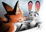  2017 anthro bathtub buckteeth canine dipstick_ears disney duo fanfic_art female fox inside judy_hopps lagomorph male mammal messy nick_wilde nude purple_eyes rabbit ring sitting teeth thewyvernsweaver vomit wedding_ring zootopia 