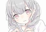  bangs blouse blush closed_mouth eyebrows_visible_through_hair grey_hair hands_up long_hair looking_down original pink_eyes simple_background sketch solo suzuki_moeko twintails upper_body white_background white_blouse 