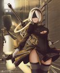  black_blindfold black_legwear blindfold breasts cleavage cleavage_cutout closed_mouth facing_viewer hairband highres holding holding_sword holding_weapon large_breasts long_sleeves mole mole_under_mouth nier_(series) nier_automata short_hair smile solo sword thighhighs weapon white_hair yorha_no._2_type_b zhu_xiao_tian_crazy 
