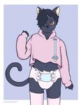  2017 ambiguous_gender anthro blush buurgerboy cat celeste_(buurgerboy) clothed clothing diaper ear_piercing feline hair hair_over_eye hairclip infantilism mammal midriff navel pacifier piercing signature solo standing 
