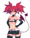  alternate_breast_size breasts choker closed_mouth commentary demon_girl demon_tail demon_wings disgaea earrings elbow_gloves etna gloves hands_on_hips hevn jewelry leather leather_gloves looking_at_viewer midriff navel o-ring o-ring_choker red_eyes red_hair short_eyebrows side_slit simple_background skull_earrings small_breasts smile solo tail thick_thighs thighhighs thighs twintails white_background wings 