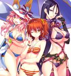  :d ;) animal_ears bandeau bangle bare_shoulders bikini black_hair bracelet breasts brilliant_summer collarbone command_spell ears_through_headwear elbow_gloves fang fate/grand_order fate_(series) fingerless_gloves fujimaru_ritsuka_(female) gloves groin hair_ornament hair_scrunchie hat huge_breasts jewelry large_breasts medium_breasts minamoto_no_raikou_(fate/grand_order) multiple_girls navel nishimura_eri o-ring o-ring_bikini one_eye_closed open_mouth orange_hair orange_scrunchie parasol pink_hair purple_eyes scrunchie side-tie_bikini smile striped striped_bikini sun_hat swimsuit tamamo_(fate)_(all) tamamo_no_mae_(fate) tamamo_no_mae_(swimsuit_lancer)_(fate) thigh_gap umbrella white_hat yellow_eyes 