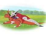  2017 claws cuddling digimon dragon fan_character female field guilmon hackmon hair lindseywart lizard male meadow reptile scalie silver_hair simple_background sol_(character) sol_the_guilmon toe_claws vee4eva yellow_eyes 