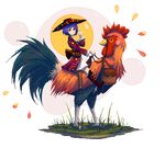  adapted_costume bird boots bowl bowl_hat brown_footwear chicken commentary hat japanese_clothes kimono kunochai looking_at_viewer obi pixel_art purple_hair red_eyes riding rooster sash sitting solo sukuna_shinmyoumaru touhou transparent_background v 