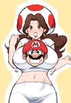  abs brown_eyes brown_hair cosplay earrings hat large_breasts long_hair mario midriff pauline super_mario_bros. tears toad_(mario) 