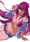  azusa_(hws) bikini blurry breasts cleavage depth_of_field fate_(series) flower glasses hair_flower hair_ornament jacket jewelry large_breasts long_hair looking_at_viewer nail_polish necklace purple_bikini purple_hair purple_nails red_eyes scathach_(fate)_(all) scathach_(swimsuit_assassin)_(fate) shorts simple_background smile solo swimsuit very_long_hair white_background 