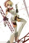  aegis_(persona) android ass blonde_hair blue_eyes breasts bullet girder headphones highres medium_breasts no_feet persona persona_3 robot_joints rtil short_hair solo 