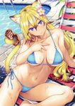  absurdres animal_ears arm_support bikini blonde_hair blue_bikini breasts cameltoe chair closed_mouth covered_nipples day flower folded_leg gradient_hair hair_between_eyes hair_flower hair_ornament hand_on_own_chest head_tilt highres kotora_(toranoana) large_breasts leg_up lips long_hair looking_at_viewer lounge_chair multicolored_hair navel non-web_source outdoors plumeria poolside purple_eyes scan side-tie_bikini smile solo string_bikini swimsuit tail tail_hold tiger_ears tiger_tail toranoana wet yoshiron 