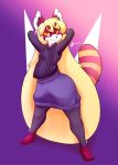  2018 ailurid anthro clothed clothing dorkinhorkin fur girly grin hair largerest looking_at_viewer male mammal red_panda simple_background skirt smile sweater 