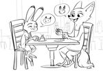  2017 anthro arctic_fox barefoot black_and_white canine chair claws clothed clothing cup cupcake dipstick_ears disney duo_focus eyewear female food fox fuel_(artist) group jack_savage judy_hopps lagomorph male mammal monochrome nick_wilde open_hoodie open_mouth open_smile pictographics plate rabbit signature sitting skye_(zootopia) smile spying sunglasses table zootopia 