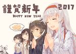  1boy 2017 4girls :&gt; admiral_(kantai_collection) akagi_(kantai_collection) blush blush_stickers brown_eyes brown_hair closed_mouth eyebrows_visible_through_hair hairband hands_together happy_new_year highres kaga_(kantai_collection) kantai_collection long_hair looking_at_another looking_away luoxiaofei multiple_girls new_year open_mouth short_hair shoukaku_(kantai_collection) smile t-head_admiral thought_bubble twintails white_hair yellow_eyes zuikaku_(kantai_collection) 