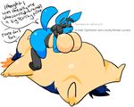  belly big_breasts big_butt breasts butt butt_in_face duo featureless_breasts female fire jigglybutts larger_male lucario lying male nintendo on_back pok&eacute;mon raised_tail size_difference slightly_chubby smug speech_bubble text typhlosion video_games 