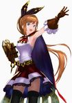  :d armpits bad_id bad_pixiv_id bangs belt black_legwear blue_cape blue_eyes book cape clarisse_(granblue_fantasy) cowboy_shot dot_nose dress gloves granblue_fantasy hair_ribbon highres holding holding_book leather leather_gloves long_hair looking_at_viewer open_mouth orange_hair outstretched_arm ponytail ribbon simple_background skirt sleeveless sleeveless_dress smile solo thighhighs very_long_hair wasabi60 white_background zettai_ryouiki 