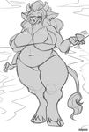  alcohol anthro beach beverage big_breasts bikini bovine breasts cattle clothed clothing cocktail female greyscale huge_breasts mammal monochrome outside purplepardus seaside sketch slightly_chubby smile solo standing swimsuit 