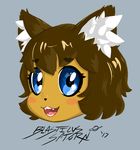  blasticussaturn blue_eyes brown_hair cute_fangs feline hair headshot_portrait mammal open_mouth open_smile portrait short_hair signature simple_background smile 