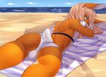  anthro beach bulge butt clothed clothing crossdressing girly iwbitu lagomorph looking_at_viewer looking_back lying male mammal on_front outside rabbit seaside skimpy solo thigh_gap 
