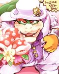 1boshi anthro barazoku blush bouquet bowser claws close-up clothed clothing flora_fauna hat headgear horn japanese_text king koopa looking_at_viewer mario_bros nintendo open_mouth piranha_plant plant proposal red_eyes royalty scalie sharp_claws sharp_teeth shell smile spikes super_mario_odyssey teeth text tongue top_hat translation_request tuxedo video_games 