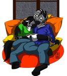  2010 alpha_channel anthro arm_around_shoulders beverage black_fur black_hair black_hooves black_stripes black_tail blue_clothing blue_eyes blue_shirt blue_topwear clothed clothing cuddling cup digital_media_(artwork) dress_shirt duo equine fully_clothed fur green_clothing green_eyes green_shirt green_topwear grey_bottomwear grey_clothing grey_pants hair holding_cup holding_object hooves hot_chocolate hug long_hair male male/male mammal multicolored_fur multicolored_hair multicolored_tail pants pillow raining romantic romantic_couple sapphwolf shirt signature simple_background smile striped_fur striped_tail stripes stripes_(character) t-shirt tail_tuft transparent_background tuft two_tone_fur two_tone_hair two_tone_tail underhoof white_fur white_hair white_tail window zebra 