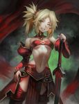  armor bandeau blonde_hair blush braid breasts clarent detached_sleeves dutch_angle eyes_visible_through_hair fang fate/apocrypha fate_(series) faulds green_eyes hand_on_hip highres long_hair looking_at_viewer medium_breasts mordred_(fate) mordred_(fate)_(all) navel one_eye_closed pelvic_curtain ponytail red_legwear red_scrunchie scrunchie smile solo standing sword thighhighs underboob visqi weapon 