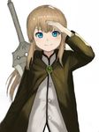  bangs blonde_hair blue_eyes blush cloak commentary_request dot_nose highres long_hair looking_at_viewer original salute simple_background smile solo sword sword_behind_back upper_body vest wasabi60 weapon white_background white_vest 
