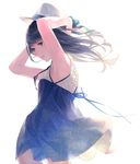  armpits arms_up backlighting bare_arms black_hair blue_eyes constellation constellation_print cowboy_shot dress expressionless from_side hat highres lace long_hair looking_to_the_side original parted_lips ribbon sleeveless solo sousou_(sousouworks) starry_sky_print white_background wind 