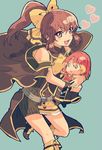  armor bare_shoulders blush bow bracelet breastplate brown_eyes brown_hair cape dress dyute_(fire_emblem) fire_emblem fire_emblem_echoes:_mou_hitori_no_eiyuuou jewelry jpeg_artifacts kiriya_(552260) long_hair looking_at_viewer luthier_(fire_emblem) open_mouth ponytail smile solo toy 