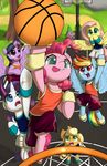  2017 applejack_(mlp) basketball blonde_hair blue_eyes blue_feathers clothed clothing detailed_background earth_pony equine feathered_wings feathers female fluttershy_(mlp) freckles friendship_is_magic green_eyes group hair hat hi_res hooves horn horse looking_up mammal multicolored_hair my_little_pony open_mouth outside pegasus pink_hair pinkie_pie_(mlp) pony purple_eyes purple_feathers rainbow_dash_(mlp) rainbow_hair rarity_(mlp) spike_(mlp) sweatband tongue tongue_out tree twilight_sparkle_(mlp) unicorn valcron winged_unicorn wings yellow_feathers 