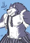  2017 abs anthro biceps body_hair canine chest_hair chest_tuft clothed clothing dialogue digital_media_(artwork) english_text fangs fur hair hi_res looking_at_viewer male mammal manly muscular muscular_male nipples pecs shade_the_wolf simple_background smile solo speech_bubble standing text tuft video_games were werewolf wolf 
