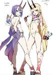  2girls bangs bare_shoulders blonde_hair earrings facial_mark fate/grand_order fate_(series) food forehead_mark full_body hand_on_hip horns ibaraki_douji_(fate/grand_order) ice_cream legs long_hair looking_at_viewer navel oni_horns parted_lips platform_shoes purple_eyes purple_hair ribbon sarashi saruchitan short_hair shuten_douji_(fate/grand_order) sidelocks simple_background small_breasts swimsuit tattoo tongue_out white_background yellow_eyes 