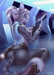  2016 4_toes anthro breasts charr clothed clothing detailed_background feline female fur furgonomics grey_fur guild_wars gun hair holding_object holding_weapon kneeling kyander mammal ranged_weapon solo toes video_games weapon white_hair 