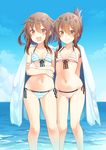  :d arms_behind_back bare_arms bare_legs bikini blue_bikini blue_sky breasts brown_eyes brown_hair closed_mouth cloud cloudy_sky commentary_request crossed_arms day fang folded_ponytail front-tie_bikini front-tie_top hair_between_eyes hair_ornament hairclip highres horizon ikazuchi_(kantai_collection) inazuma_(kantai_collection) kantai_collection matching_outfit matsunoki_(unknown_751) multiple_girls navel open_mouth outdoors pink_bikini shiny shiny_hair short_hair side-tie_bikini sidelocks sky small_breasts smile standing stomach striped striped_bikini swimsuit tied_hair towel towel_around_neck 