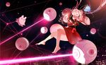  bangs bare_shoulders barefoot cityscape detached_sleeves dress drone floating_hair flying from_side full_body lingcat long_hair night night_sky original pink_hair profile red_dress red_eyes sky smile solo star_(sky) starry_sky wide_sleeves 